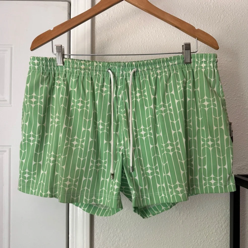 MR. TURK green white printed drawstring pull on swim trunks shorts